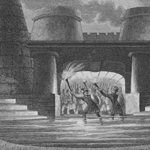Byzantine soldiers of Belisarius gaining access to the besieged city of Naples via its disused aqueduct, 536 (engraving)