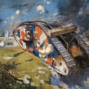 Camouflaged British Mk IV tank in action against a German tank in WW1