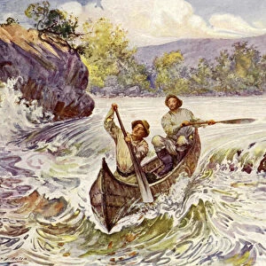 Canadians shooting rapids in canoes (colour litho)