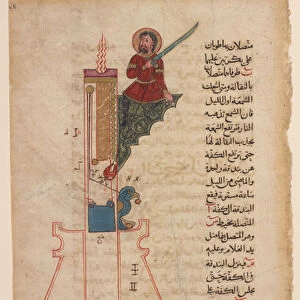A candle clock, folio fromKitab fi ma arifat al-hiyal al-handisaya (The book of knowledge of ingenious mechanical devices) Automata by al-Jazari (d. 1206) (ink, opaque w / c & gold on paper)