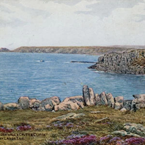 Cape Cornwall, and Caves and Cliffs, at Lands End (colour litho)