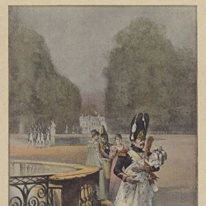 Captain Jean-Roch Coignet of the French Imperial Guard carrying Napoleons son, the King of Rome (colour litho)