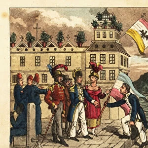 Captain Newcome presents a captured French flag to Admiral Horatio Nelson in Palermo, Sicily, 1799