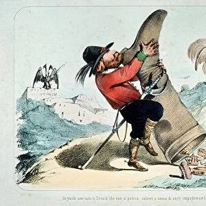 Caricature of Giuseppe Garibaldi empting a boot (Italy) full of crowns
