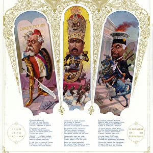 Caricatures: Armand Fallieres, French politician and President; Mohammad Ali Shah Qajar, Shah of Persia; Paul Magnaud, French magistrate and politician (colour litho)