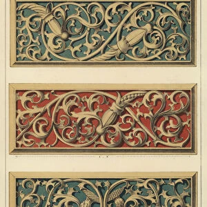 Carved woodwork on benches in the Church of St Mary, Lubeck, Germany (colour litho)