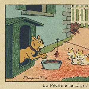 A cat plays with tending food to the dog attached to its kennel. " Angling", 1936 (illustration)