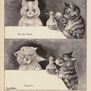 Cats playing with a bottle of scent (litho)