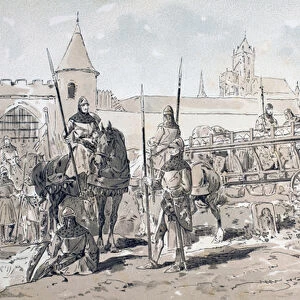 Cavalry and Foot Soldiers with Horse Drawn Wagon carrying Arms and Supplies during the 13th Century