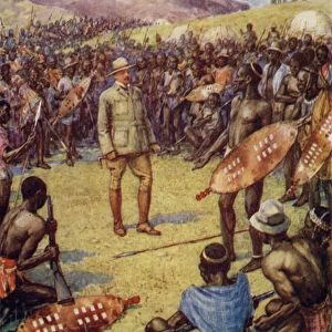 Cecil Rhodes, with the Matabeles (colour litho)