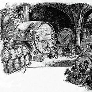 The cellar of Grandgousier with big barrels, engraving by Robida to illustrate book by Francois Rabelais "Gargantua" (1534)