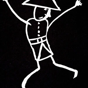 Character with hat, uniform and swinged. Anime drawing by Emile Cohl (1857-1938) in white on black
