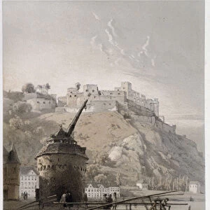 Chateau Saint Coar and Rheinfelds. In "The monumental and picturesque Rhine". Lithographs by Fourmais and Stroobant, 19th century