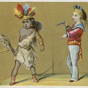 Child with gun and native child (chromolitho)