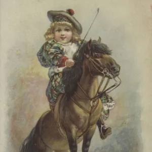 Child on horse, standing on box of B T Babbitts Baking Powder (chromolitho)