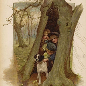 Children and their dog sheltering from the rain inside a hollow tree (chromolitho)