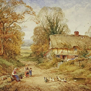 Children Feeding Ducks Beside a Cottage in a Wooded Lane, (watercolour with white heightening on board)