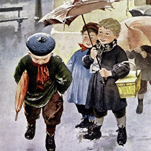 Children leaving school in the rain, 1897 (illustration)