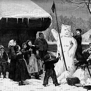 Children making a snowman in a village in the Alps. Engraving in "