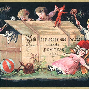 Children taking toys out of wooden chest, New Year Card (chromolitho)