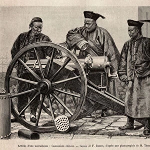 Chinese gunmen are inspecting a newly arrived machine gun. Engraving after F. Bassots drawing, to illustrate the voyage to Pekin and North China, by T