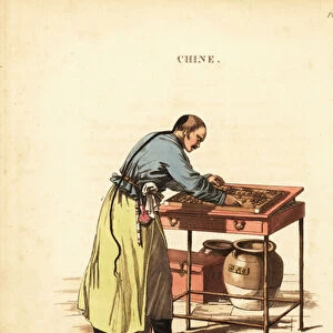 Chinese tradesman calculating with swan-pan, 18th century 1822 (engraving)