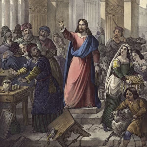 Christ cleanses the Temple (colour litho)