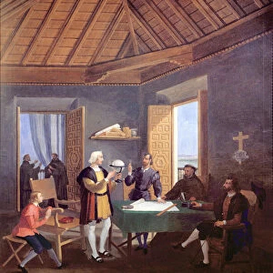 Christopher Columbus, accompanied by his son, Diego, explains his exploration plans to