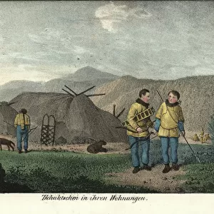 Chukchi hunters (Russia) with their equipment, near their tent. Lithography for the book: " Galerie complete en tableaux fideles des peuples d'Asie" by Friedrich Wilhelm Goedsche (1785-1863), edition Meissen (Germany), 1835-1840