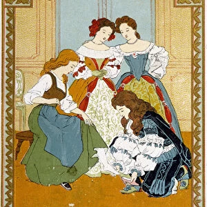 Cinderella tries the slipper of vair - Bon Marche advertising label, 19th century