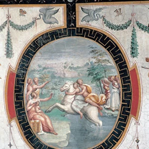 Clelie (6eme siecle avant JC) passant le Tibre (Cloelia Passing the Tiber) - Peinture de Cristofano Gherardi (1508-1556), fresque, milieu 16eme siecle - Musei Capitolini, Rome (Italie)