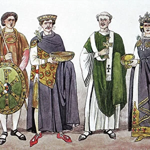 Clothing, fashion at the imperial court in Byzantium, 6th century, 3rd from left Emperor Justinian