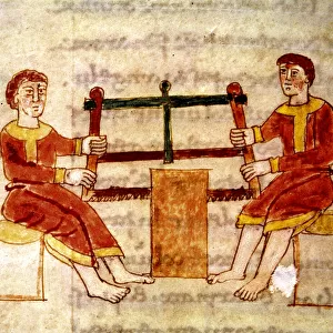 Codex 132 Livre 14 Chap. 25 Two Men Sawing Wood, from De Universo