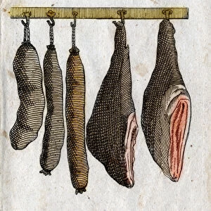 Cold cuts: Cold meat hooks with ham meat and suspended sausage