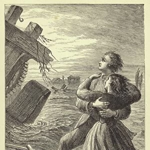 It is coming, Maggie! Tom said, in a deep hoarse voice, loosing the oars and clasping her (engraving)
