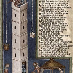 Construction of the Tower of Babel, copy of a 15th century manuscript (colour litho)