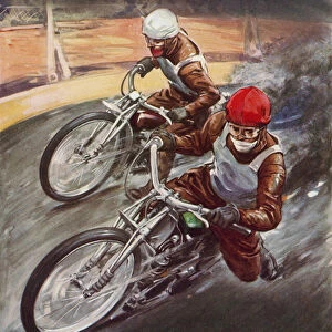 Cornering on the dirt track (colour litho)