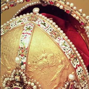 Coronation Crown of Rudolph II, Emperor of Austria, detail of gold panel depicting king Rudolph in battle, c. 1576 (gold, pearls, enamel & ruby) (see also 66743, 66745 & 66746)