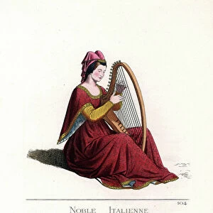 Costume of a woman of the Italian nobility, playing the harp, 14th century - Costume of Italian noble woman playing a harp, 14th century - She wears a pink veil bordered in gold over a black velvet bonnet
