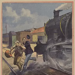Courageous level crossing guard saving an old man from being struck by a train at Ris-Orangis, France (colour litho)