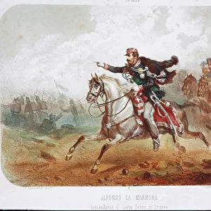Crimean War: the charge of Commander Alfonso Ferrero La Marmora. 19th century (print)