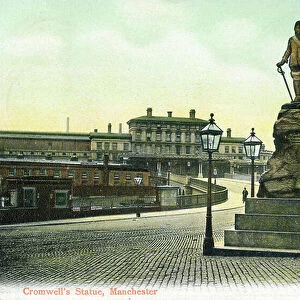 Cromwell's Statue in front of the Exchange Station, Manchester, 1905 (coloured photo)