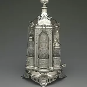 Cruet stand, patented 1857 (silverplate, brass & glass)