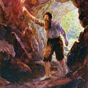 Crusoes Adventure in the Cave, illustration for Robinson Crusoe by Daniel Defoe (1660-1731) (colour litho)