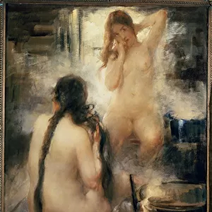 Dans un bain de vapeur (sauna) - In a steam bath - Deux jeunes femmes nues se coiffant et profitant des bienfaits du thermalisme traditionnel russe - Peinture de Vitali Gavrilovich Tikhov (1876-1939), huile sur toile