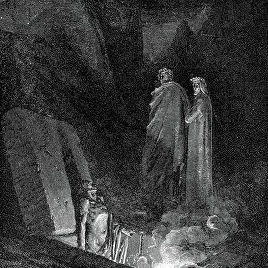 Dante Alighieri (1265-1321) Italian poet: Inferno first part of his Divina Commedia (Divine Comedy) illustrated by Gustave Dore 1863. Canto X: Dante, keeping close to his guide Virgil, looks on one of the sinners burning in hell in their open tombs
