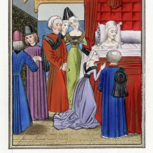 The death of Anne of Boheme (1366-1394), known as the Good Queen Anne, the first wife of Richard II of England (1367-1400) in her bed, surrounded by companions, courtiers and clerics