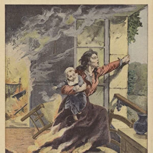 Death of a mother trying to save her child from a fire (colour litho)