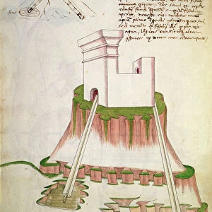 Design for supplying water to a building by means of means of pipes drawing water from wells, illustration from De Machinis (pen and ink and w / c on paper)