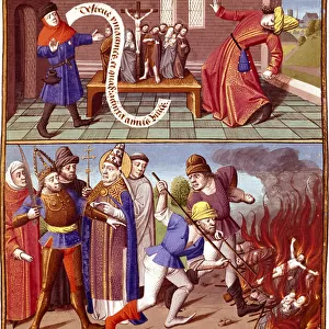 Destruction of sacred objects and intervention by Pope Gregoire I the Great (540-604) Miniature in "Le miroir historial"(Speculum Historiale) (ms)